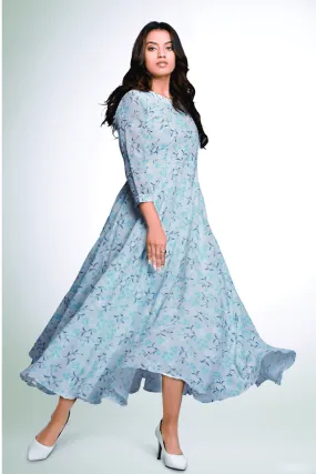 Blue Floral Print Anarkali Styled Long Kurti