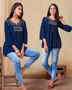 Designer Rayon Stylish Blue Tunic Tops for Women