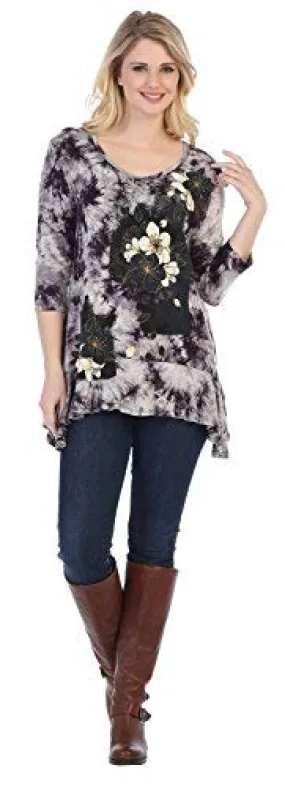 Jess & Jane - Friendship, Tie Dyed, Ruffle Bottom 3/4 Sleeve Scoop Neck Tunic Top