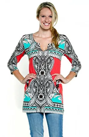 Joyous & Free - Coral Border, 3/4 Sleeve Tunic Mini Dress with Split V-Neck Collar