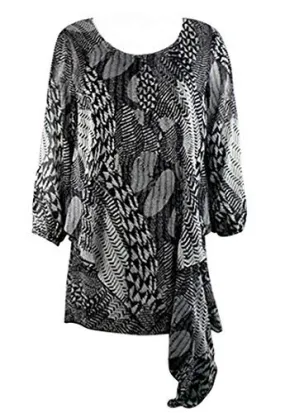 Mesmerize - Scales, Long Sleeve Scoop Neck Drape Front Geometric Design Tunic Top