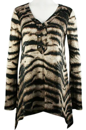 Mesmerize - Tanned Zebra, Long Sleeve, V-Neck Collar & Asymmetric Hem Tunic Top