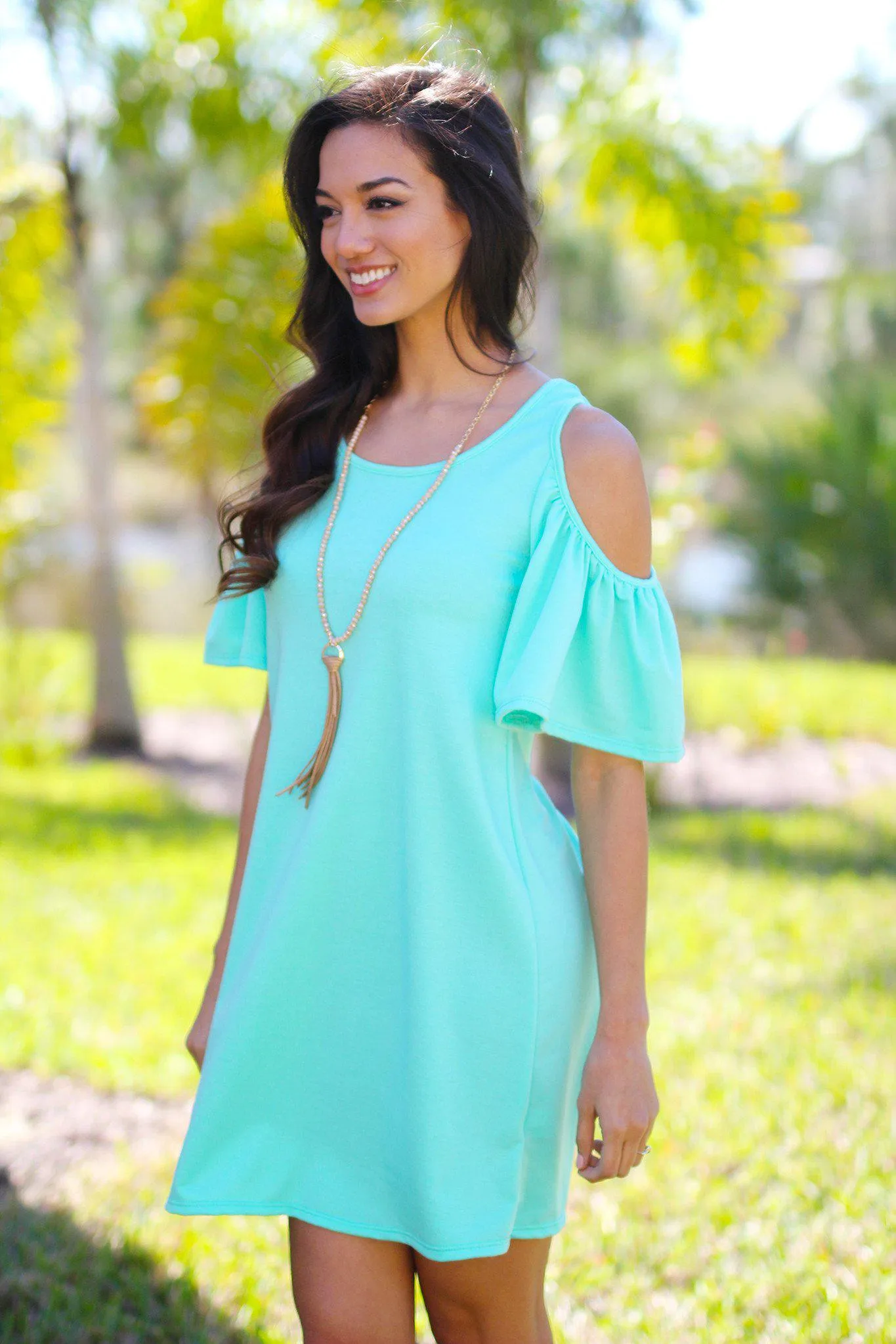 Mint Open Shoulder Ruffle Sleeves Tunic