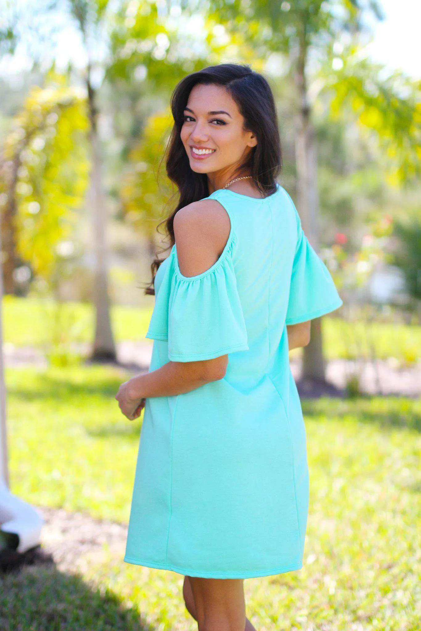 Mint Open Shoulder Ruffle Sleeves Tunic